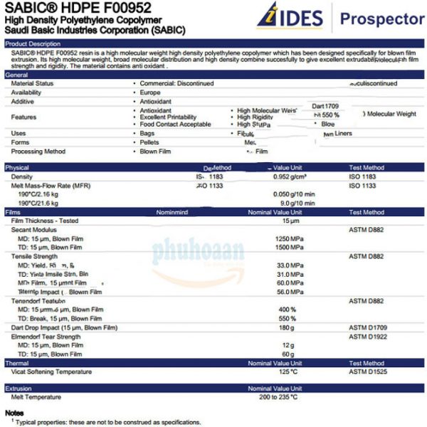  Hạt nhựa HDPE F0952 Sabic an toàn khi sử dụng